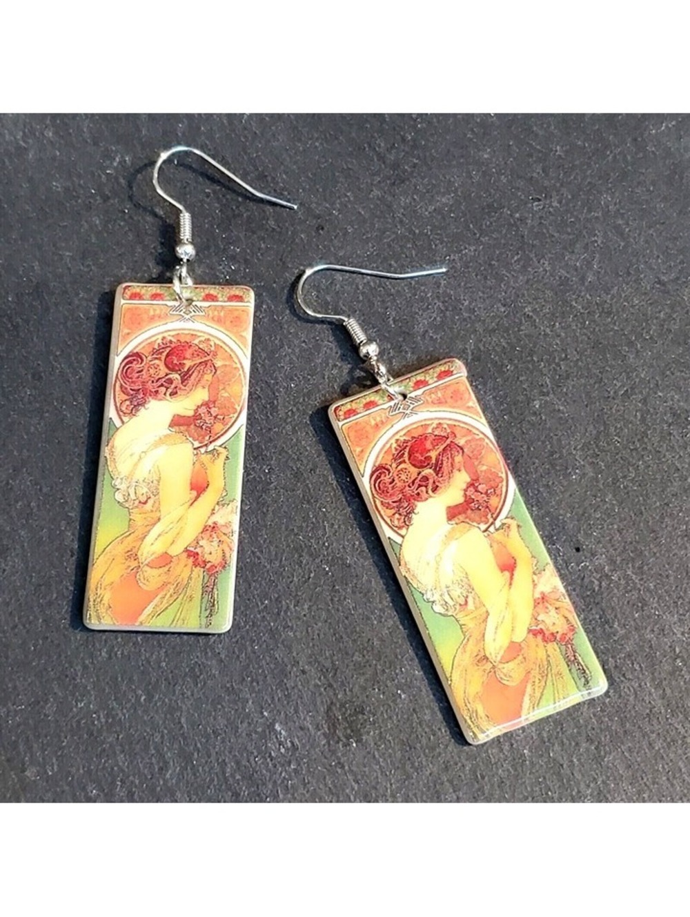 Art Nouveau Alfonse Mucha Painting Lucite Acrylic Rectangle Pendant Earrings